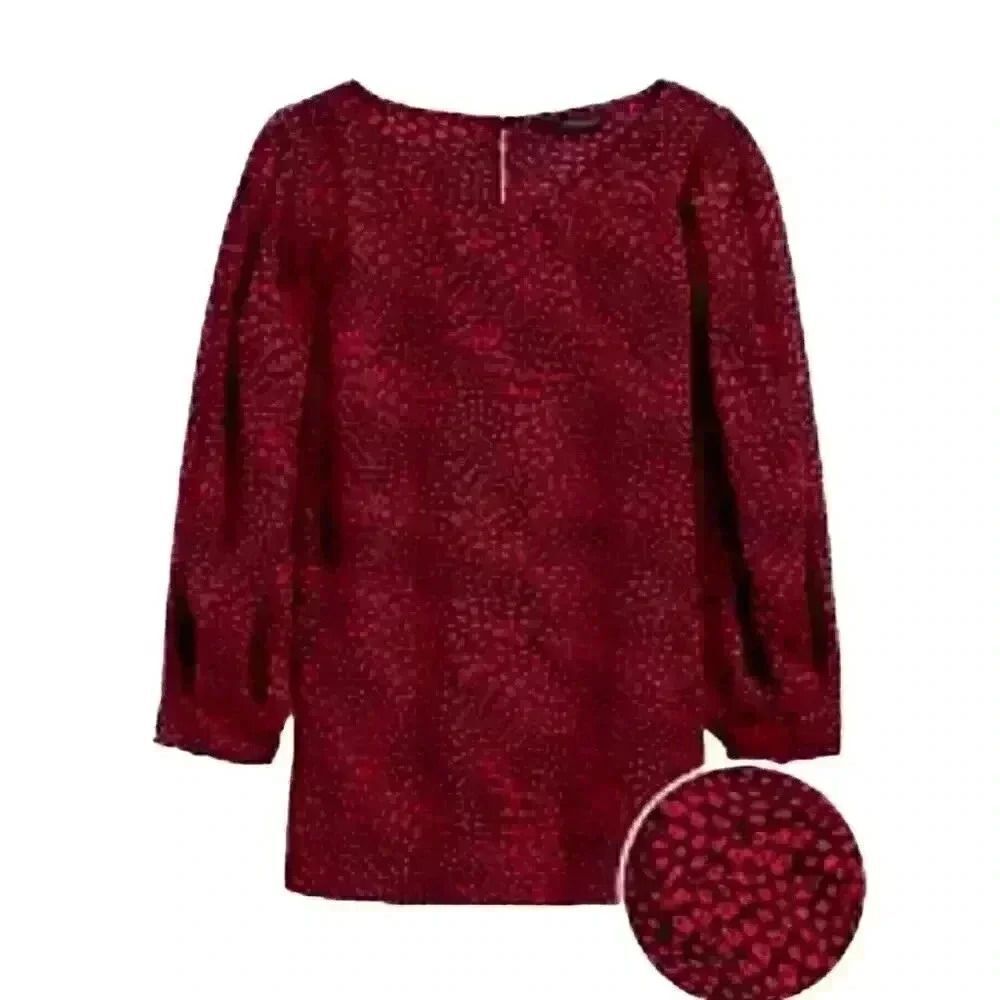 Banana Republic Women's Red & Black Poly Print Puffy Sleeve Blouse